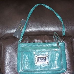 Nicole Miller Teal Leather Mini Wristlet with Front Zip and Plaque